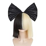 SiYi Half Blonde Black 2 Tone Short Straight Bob Wig Synthetic Full Wigs with Big Bow Should Length Cosplay Wigs for Women Girls