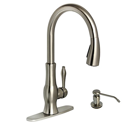 MYHB HJ5188 Brass Single Handle Kitchen Sink Faucet with Pull Down Sprayer and Soap Dispenser, Brushed Nickel
