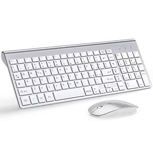 TopMate Kit Tastiera e Mouse Wireless UltraSottili, 2.4G USB Silenzioso Set 2400DPI Mouse e Tastiera Senza Fili Compatto con Coperchio, Batterie 2 AA+2 AAA, per PC/Laptop/Windows/Mac- Argento Bianco