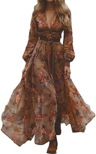 country drive maxi dress Women Vintage Pastoral Flower Maxi Dress Sexy V-Neck Long Sleeve Chiffon  Western Country Dresses Fall Casual Long Dress 02-Brown Large at Amazon  Women's Clothing store