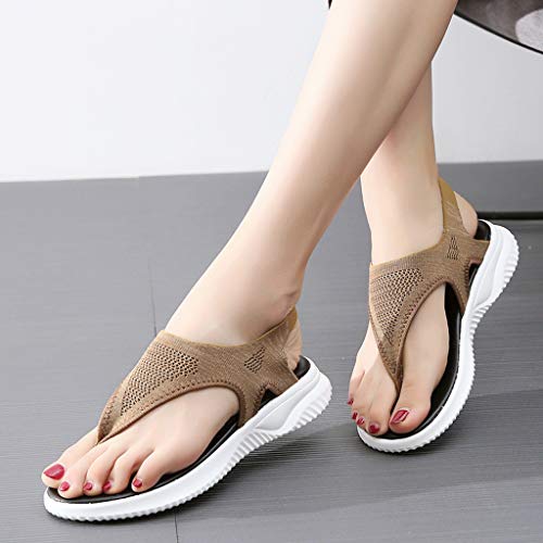 Kauneus Summer Sandals for Women Thong Design Gladiator Comfy Flat Sole Memory Foam Insole Mesh Sandals Khaki - Thumbnail 3