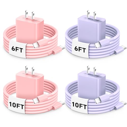USB C Fast Charger Block, 4Pack 20W PD Type C Wall Phone Charger with 6/10FT Fast Charging USB C to Lighting Cable Compatible with iPhone 14/13/12/11 Pro/Pro Max/Plus/XS/XR/X/SE/8 Charger Purple/Pink