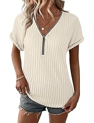 Koscacy V Neck Blouses Women's 1/4 Zip T-Shirts