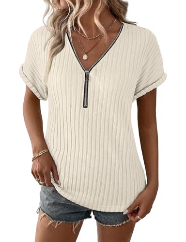Koscacy V Neck Blouses Women's 1/4 Zip T-Shirts
