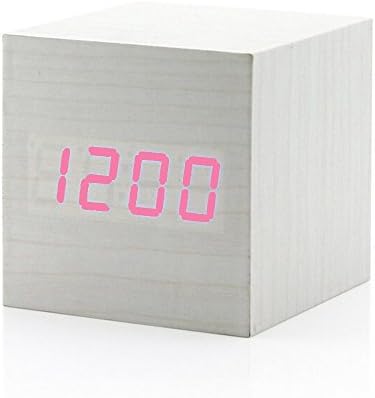 2.5 Inch Square Mini Travel Alarm Clock, Aibrou USB/Batteries Supply Power Simple Wooden Style Bedside Digital Alarm Clock Creative Sound-Sensitive Desk Alarm Clock with Thermometer Calendar White