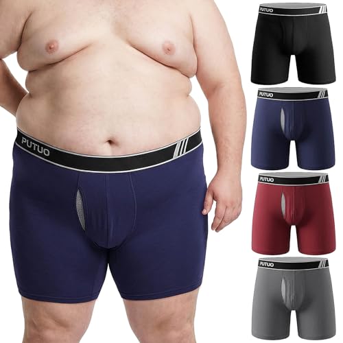 PUTUO Men's Cotton Boxer Briefs: Long Leg Underwear for Men in Large Sizes Comfortable and Breathable Boxer Briefs with Waistband Pack of 4 Pieces