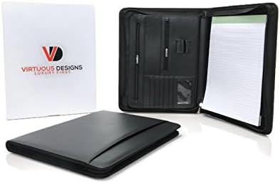 Zippered Leather Portfolio Padfolio by Virtuous Designs w/Bonus Lined Writing Pad, Notebook Holder, 10.1 inch Tablet Sleeve, Pen Loops, Pockets and Business Card Holders