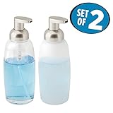 mDesign Modern Glass Refillable Foaming Soap Dispenser Pump Bottle for Bathroom Vanity Countertop, Kitchen Sink - Save on Soap - Vintage-Inspired, Compact Design - 2 Pack - Clear/Satin & Frost/Satin