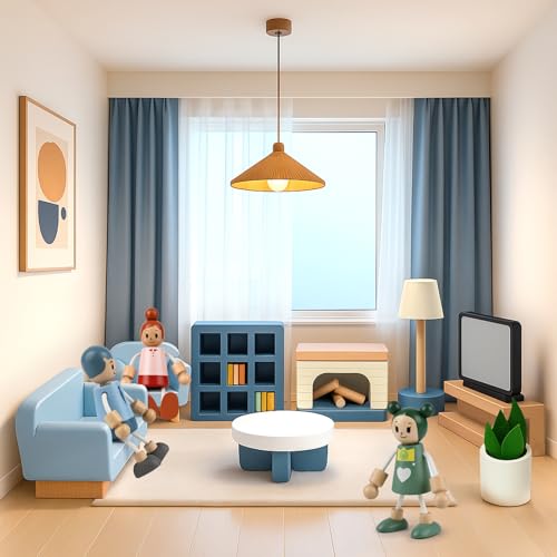 Wooden Dollhouse Furniture Set, 32 Pcs Doll House Accessories and Furniture, Miniature Furniture Including 5 Room Kits, Pretend Play Toy Gift for Boys Girls Toddler 3+