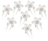 White Flower Hair Pins with Rhinestone Crystal for Wedding, Prom, Dance and Special Event (Set of 8)