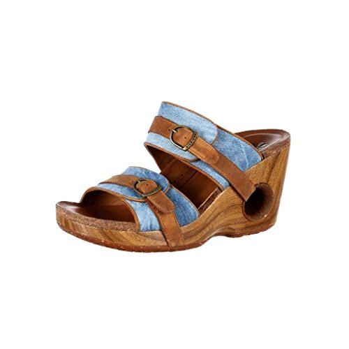 4EurSole Women's Splendor Wedge Slide,Tan/Blue Denim/Leather,EU 39 M