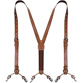MCKDERWRILL Genuine Leather Suspenders for Men,Y Back Design Leather Suspender with 6 Metal Clips,Adjustable Men's Suspender with Elastic Straps, Groomsmen Gift Wedding Brown