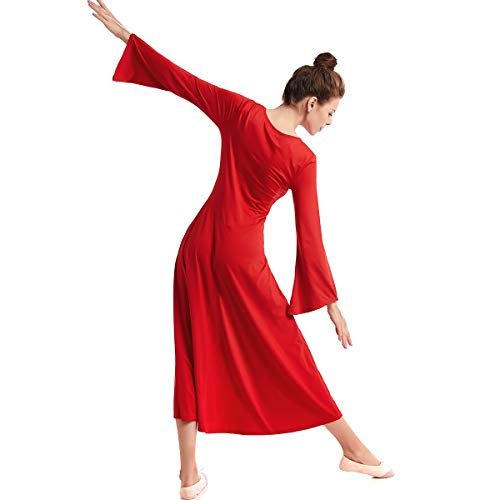 HIHCBF Adult Women Bell Sleeve Liturgical Praise Dress Solid Color Full Length Wide Swing Loose Fit Worship Dancewear Red XL - Thumbnail 5