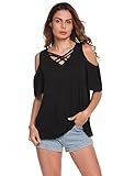 Easther Casual Loose Hollowed Out Shoulder Criss Cross Short Sleeve Shirts tops