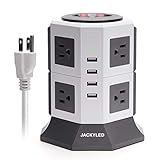 Surge Protector Power Strip Tower JACKYLED 8 AC Outlets 3000W 15A and 4 USB Slots 8A Desktop Smart Universal Charging Station Multiple Protection Heavy Duty 6.5ft 14 AWG Extension Cord White and Gray