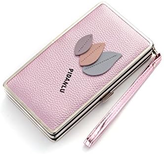 MONOFUN Women Wallet Cute Bifold Long Purse with Zipper for Girls Leaf Pattern (Pink)