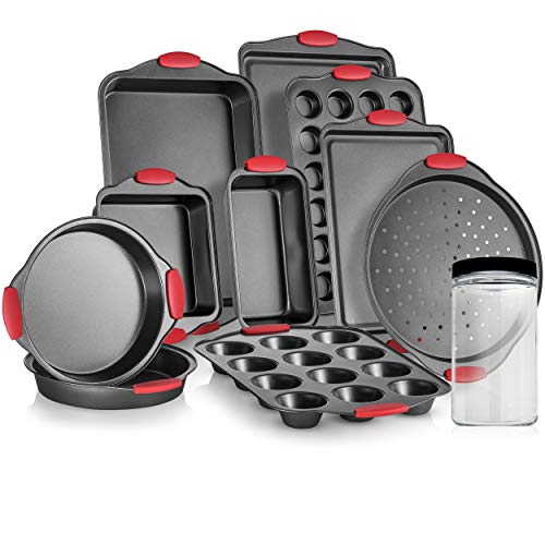 Perlli 12-Piece Nonstick Carbon Steel Bakeware Set With Red Silicone Handles | |Metal, Reusable, Quality Kitchenware For Cooking & Baking Cake Loaf, Muffins &More | Reusable Container with Lid