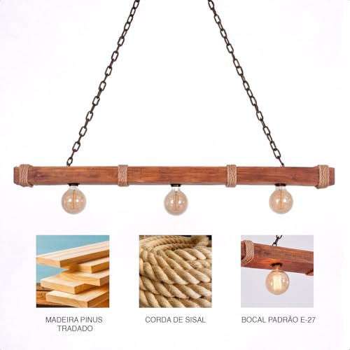 Lustre de Teto Luminária Pendente Caibro Madeira Rústica e Sisal - 3 Bocais E-27 (90cm) Bivolt - Área Gourmet e Churrasqueira - Corrente Anti-Ferrugem