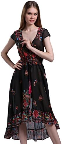 WEIJU Women V-Neck Bohemia Print Chffion Long Beach Dress,Black,S