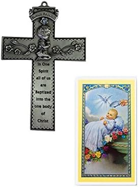 Inspire Nation Baby Boy Baptism Pewter Wall Cross and Baptismal Holy Card Set