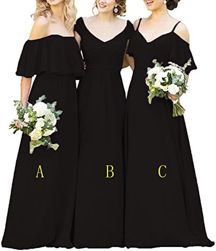 Women's A Line Chiffon Long Prom Bridesmaid Dresses Off Shoulder Wedding Party Dress With Sleeves Black-B US16