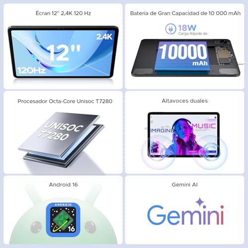 P12 Tablet 12 Pulgadas 2.4K 120Hz Display, Tablets Android 16 con Gemini AI, 10000mAh, 48GB+128GB/2TB, Unisoc T7280 Octa-Core, 13MP+8MP, Face ID, Widevine L1, Auriculares 3.5 mm, teclado, lapiz, Negro