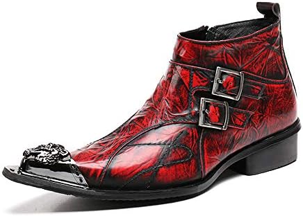 KTYXGKL British Wind Pointed Short Tube Cowboy Boots Personality Red Korean Tooling Boots Outdoor Boots Leather Boots Trend Men's leather boots (color : Red1, Size : 8.5 UK)