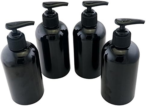 Four Black PET Boston Round Plastic Bottles With Black Lotion Pump Lid. Ideal For Lotion &amp; Natural Oil Dispensing. 8oz By JOAJ