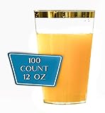 100 Gold Plastic Cups 12oz - Fancy Disposable Clear Plastic Cups Gold Rim - Elegant Glasses for Wedding and Party by ReeCups