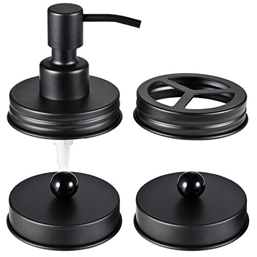 Mason Jar Bathroom Accessories Lids Set(4pcs) - Jars Not Included - Soap Dispenser,Toothbrush Holder,and Apothecary Storage Jars Lids for Regular Mouth Mason Jars - Rustproof Stainless Steel,Black