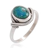 925 Oxidized Sterling Silver Chrysocolla Gemstone Oval Rope Edge Vintage Band Ring Size 6