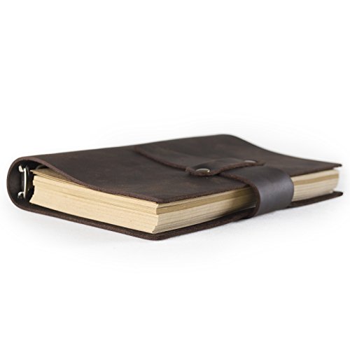 ANCICRAFT Leather Journal Diary Notebook A6 Small Refillable with Simple Strap 6-ring Binder Lined Craft Paper (Dark brown simple strap A6)