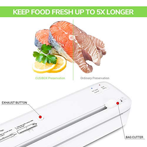 Vacuum Sealer Machine, CUSIBOX Automatic Food Vacuum Sealer with Bag Cutter for Food Preservation and Sous Vide, 3 Storage Bags(White)
