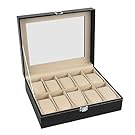 Aketek Watch Box 10 Mens Black Leather Display Glass Top Jewelry Case Organizer