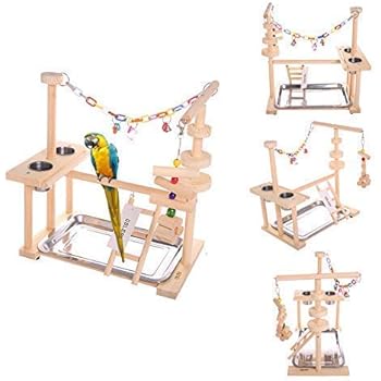 QBLEEV Parrot Playstand Bird Play Stand Cockatiel Playground Wood Perch Gym Playpen Ladder with Feeder Cups Toys Exercise Play (Include a Tray) (16