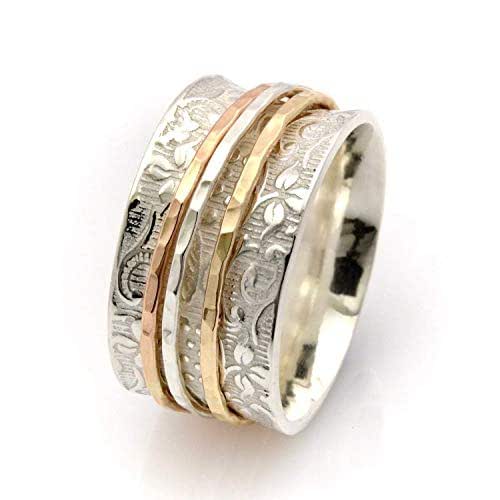 Handmade Sterling Silver & 14ct Rolled Gold Hammered Fidget Ring – Anxiety Relief