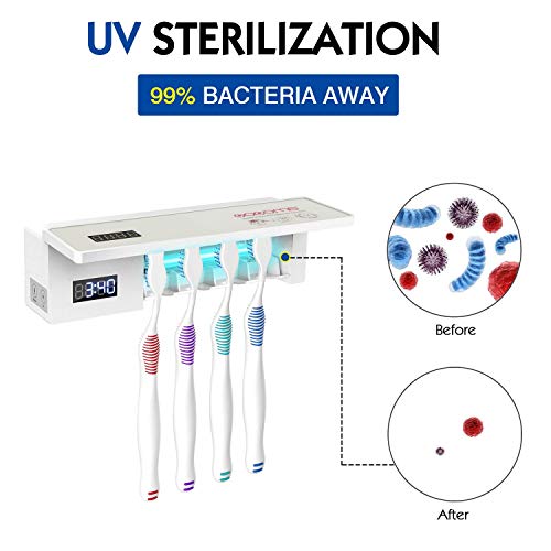 OOCOME Toothbrush Holder Sterilizer, UV Toothbrush Sanitizer Holder Rechargeable Toothbrush Cleaner Family Wall Mounted Toothbrush Disinfection Holder with 3M Tape, 4 Brush Holder, Music Playback - Thumbnail 2