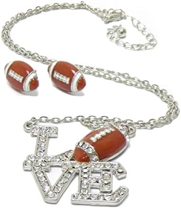 Love Football Necklace Earrings Set Z1 Clear Crystal Post Sports
