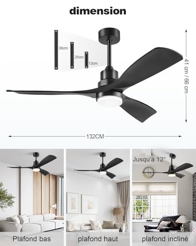 Forrovenco Ceiling Fan with Light and Remote Control, 52 Inch DC Motor Silent Reversible 3 Blades 6 Speeds Modern for Bedroom Living Room Patio Outdoor/Indoor 52" Black