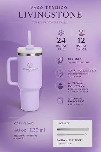 Livingstone1855 1.2 L Thermal Cup, Keeps 24 Hours Cold / 12 Hours Hot, 304 Stainless Steel Thermos Flask with Handle and Straw, Leakproof, Large Reusable Thermal Cup, BPA Free, Ideal for Gym, Office