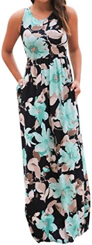 Women Dress, Nighter Women Floral Print Sleeveless Pockets Maxi Dress (XL, Blue)
