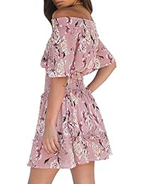 Miessial - Vestido corto de gasa con estampado floral y hombros descubiertos para mujer