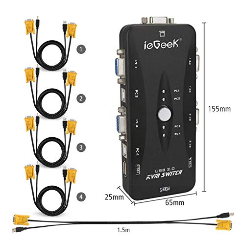 image for ieGeek KVM Switch Box 4 Port PC Monitor Switches Box + 4 x USB VGA Cab