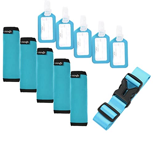 Cosmos 5 Pcs Aqua Blue Comfort Neoprene Handle Wraps/Grip/Identifier + Light Blue Luggage Tags + Light Blue Nylon Add a Bag Luggage Strap