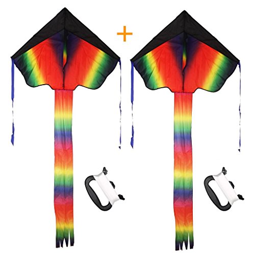 2 Pack Rainbow Delta Kite, Easy Flyer, Long Tail Huge Flyer, for Kids and Adults, One of the Best Outdoor Activities for Kids, with Line and Handle