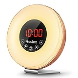 2018 Upgraded-COULAX Wood Wake Up Light with Sunrise Sunset Simulation,7 Colored LED Lights, 6 Natural Sounds, FM Radios,10 Brightness Levels,Snooze Function Alarm Clock with Adapter