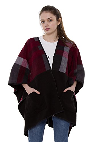BYOS Women Winter Reversible Plaid Checked Houndstooth to Black Warm Fleece Open Front Poncho Ruana Wrap Cape (Wine Check W/Pocket)