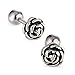 Women's Stainless Steel Rose Flower Screwback Stud Earrings (Silver) Bonnie