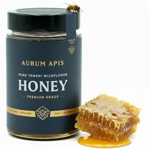 Aurum Apis Yemeni Wildflower Honey, 100% Raw Natural Sweetner Unadultrated Unfiltered, Pure Floral Sourced Hand Harvested Organic Honey, Non-GMO, Rich Nutrients & Energy Source – 500g Honey Jar