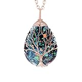 Handmade Tear Drop Healing Crystal Necklace Wire Wrapped Tree of Life Pendant Rose Gold Plated Imitated Opal Natural Stone Jewelry Birthday Gift for Women Men